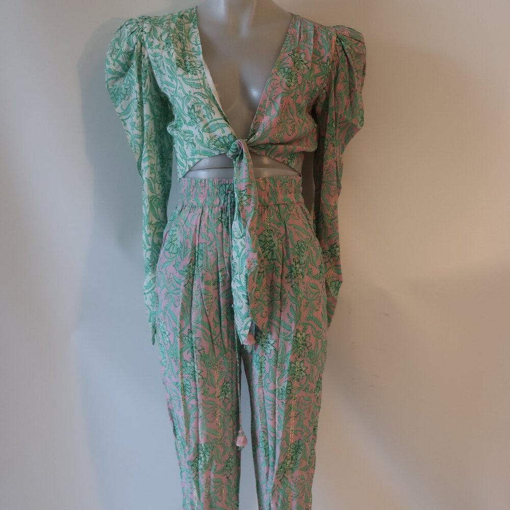 HEMANT & NANDITA Mint Green and Pale Pink Printed Two-Piece Pantsuit